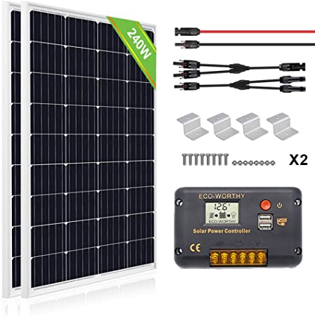 ECO-WORTHY 240 Watts 12 Volt Monocrystalline Solar Panel Kit with 120W Solar Panel, 20A Charge Controller, Solar Cable, Branch Connectors and Z Brackets