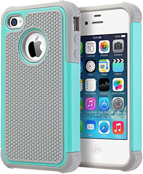 UARMOR iPhone 4S Case, iPhone 4 Case, Shockproof Dual Layer Protective Hybrid Hard PC Cover TPU Bumper Scratch Resistant Durable Phone Case for Apple iPhone 4 / iPhone 4S, Mint Green/Gray