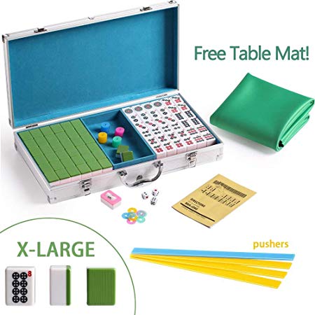 Numbered X-Large Tiles Mahjong Game Set. 144 Lucky Dog Pattern Aluminum case Complete set Gift / Birthday green/red/blue(Mah-Jongg, Mah Jongg, Majiang高品质麻将) Pushers and Table Cover included