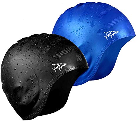 Swim Cap for Long Hair 2 Pack 2019 Thicker Design Solid Silicone Waterproof Swimming Caps for Woman Adults and Men