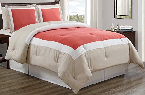 3 piece CORAL / LIGHT GREY / WHITE Goose Down Alternative Color Block Comforter set, KING / CAL KING size Microfiber bedding, Includes 1 Comforter and 2 Shams