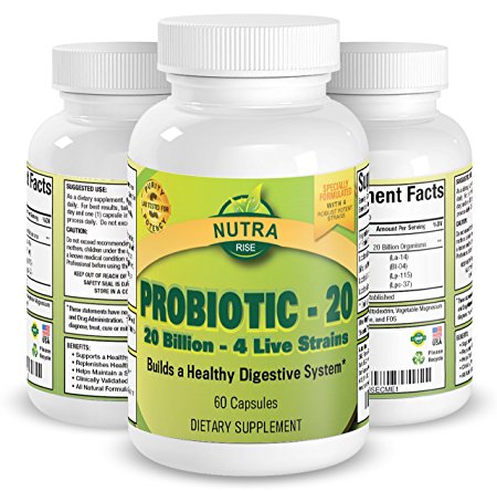 Probiotic 20 Supplement, All Natural Formula Promotes Optimal Health for Women, Men & Children, Dramatically Boosts Immune System, Colon Health, & Digestion, with Lactobacillus, Acidophilus, Billions of Live Cultures, 100% Vegetarian