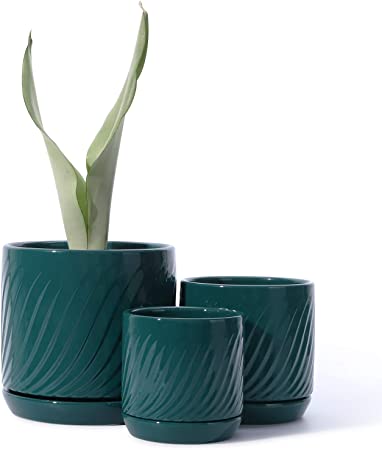 POTEY 053308 Ceramic Planter Pots - Glazed Modern Planters Flower Pot Indoor Bonsai Container with Drainage Holes & Saucer for Plants Aloe(Set of 3-6.6 5.1 4.2 Inch, Shiny Green, Plants Not Included)