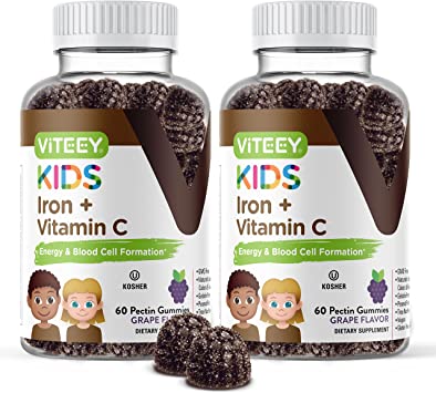 Iron Gummies for Kids with Vitamin C - Supports Energy, Blood Cell Formulation, Blood Builder Anemia Supplements, Gluten Free, Gelatin Free, GMO Free, Grape Flavor, Pectin Chewable Vegan Gummy Chews