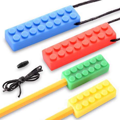 Sensory Chew Necklace – 4 Pack (2 Chewing Necklace   2 Pencil Toppers) Chew Toys for Kids, Boys & Girls with Autism, ADHD, Oral Motor Teething & Biting Needs - Medium Hardness