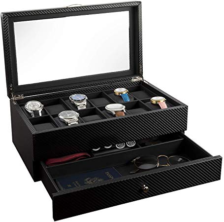 Watch Box- Display Case & Organizer for Men| First-Class Jewelry Watch Holder| 12 Watch Slots & Valet Drawer for Sunglasses, Rings, Phone| Sleek Black Color, Glass Top, Carbon Fiber, Faux Leather