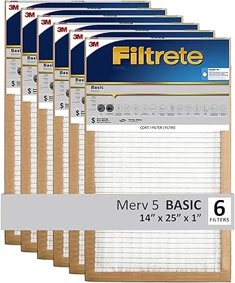 Filtrete 14x25x1 Air Filter, 3M MERV 5 HVAC AC Furnace Filter Replacement, 6-Pack (Actual Size 13.81x24.81x0.88 in)