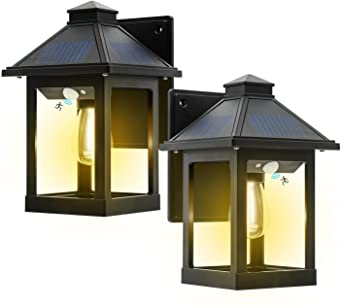 Wonsidary 2Pack Solar Lights Outdoor with Motion Sensor, Wireless Exterior Solar Wall Light with 3 Lighting Mode, Retro Solar LED Lantern Wall Mount for Patio Porch Garden Fence, IP65 Waterproof