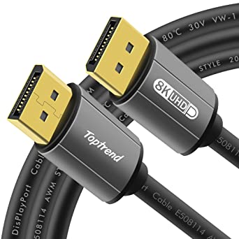 Displayport Cable 6ft,Toptrend 8K DP [Display Port] Cable 1.4 Supports to 8K 60Hz,4K 144Hz,1080p 240Hz,HBR3,32.4Gbps,HDR,HDCP 2.2,G-sync and Freesync on The Gaming Monitor,HDTV,Laptop,etc