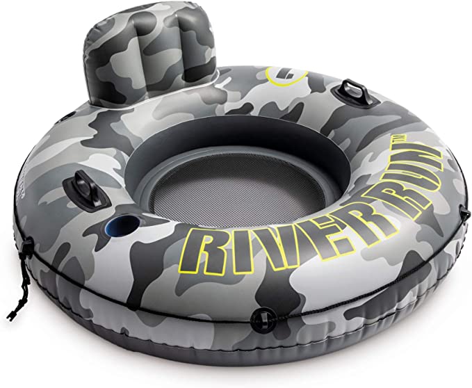 Intex 56835EP River Run I Camo Inflatable Floating Towable Water Tube Raft with Cup Holders and Handles for River, Lake or Pools, Gray Camo