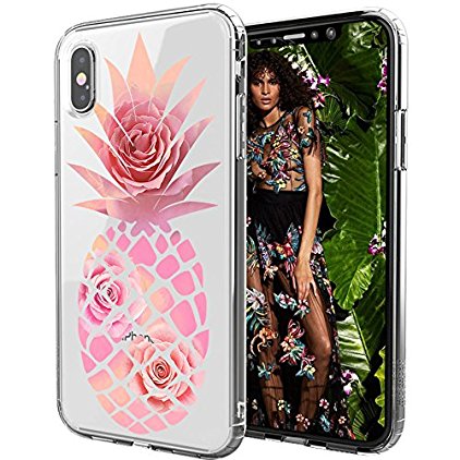 iPhone X Case, iPhone 10 Case, MOSNOVO Pineapple with Rose Flower Clear Design Printed Transparent Plastic Hard Case with TPU Bumper Protective Case Cover for iPhone X / iPhone 10