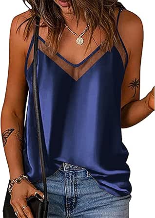 Ekouaer Silk Tank Top for Women Mesh V Neck Satin Camisole Silky Sleeveless Tank Cami Shirt