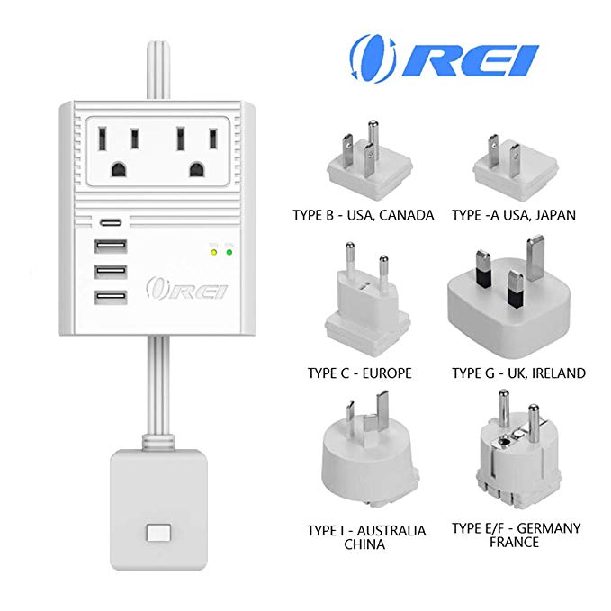 World Travel Plug Adapter M8 Max by OREI - 3 USB   PD 18W USB-C Input - 2 USA Outlets - Attachments for Europe, Asia, China, Japan, Africa - Perfect for Cell Phones, Tablets, Cameras and More