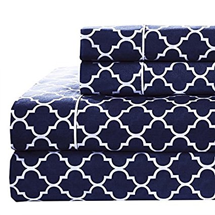 Queen size- Navy/White Printed Meridian 100% Cotton Percale 4pc Sheet set- Modern Reactive Print