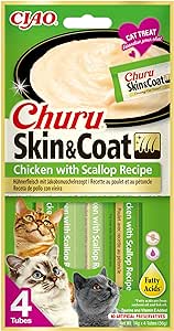 Churu Skin & Coat by INABA Cat Treat - Chicken with Scallop - 1 Pack (4 x 14g total) / Soft & Creamy Cat Treat, Delicious & Healthy Snack, Purée Food Topper, Natural, Grain Free