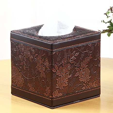 PU Leather Square Cube Tissue Box Cover Roll paper Holder for home office Car (Classic Carve)