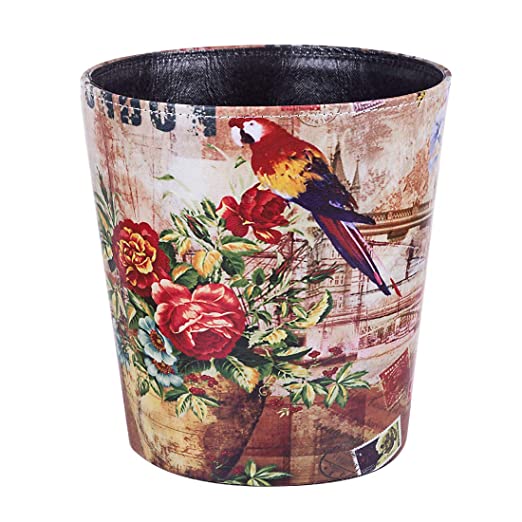 XSHION Decorative Wastebasket,10L Vintage Waste Paper Basket PU Leather Trash Can Kitchen Garbage Can Office Waste Bin Living Room Recycle Bin Waste Container - Parrot