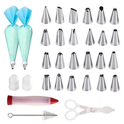Cake Decorating Supplies,Thsinde 35 Cake Decoration Tools with Piping Nozzles 24 Stainlrss, 2 Reusable Silicone Pastry Bags,Adapter,Cake Pen.Cake Cutter,Cake Brush