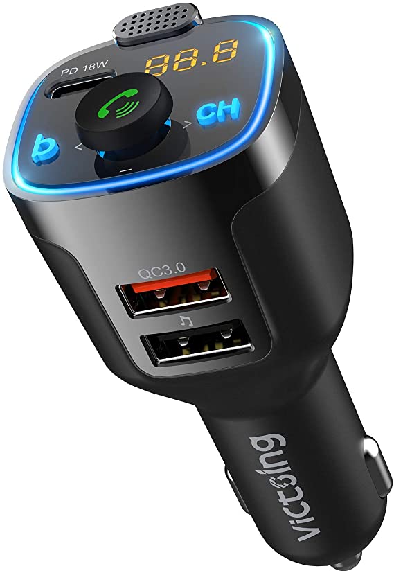 VicTsing BH-477 Bluetooth 5.0 FM Transmitter (PD18W & QC3.0), Car Radio Audio Adapter Handsfree Kit with One Joystick-Like Knob, BASS Music Player, 3 USB Ports