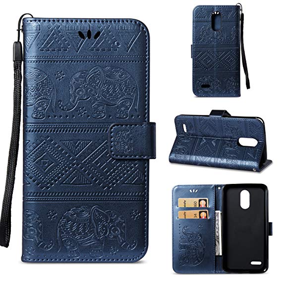 DAMONDY LG Stylo 4 Case, LG Q Stylus Case, Elephant Embossed Flowers PU Leather Magnetic Flip Cover Stand Card Holders & Hand Strap Wallet Purse Case for LG Stylo 4/LG Q Stylus-deep blue