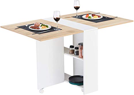 Tiptiper Folding Dining Table, Versatile Dinner Table with 6 Wheels and 2 Storage Racks, Space Saving Extendable Kitchen Table