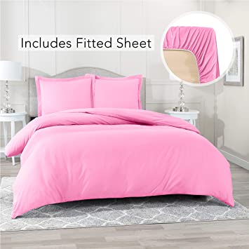 Nestl Bedding Duvet Cover with Fitted Sheet 4 Piece Set - Soft Double Brushed Microfiber Hotel Collection - Comforter Cover with Button Closure, Fitted Sheet, 2 Pillow Shams, King - Light Pink