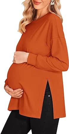 Ekouaer Women’s Maternity Shirts Long Sleeve Split Side Pregnancy Tee Top Tunic Blouse Casual Mama Clothes