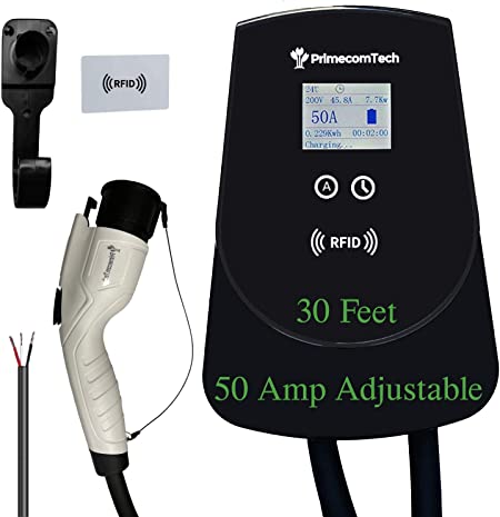 50 Amp - PRIMECOM.TECH Level-2 Smart Electric Vehicle Home Charging Station 220 Volt for Tesla and All EV Brands 30' Feet Length (30 Feet, Hardwire)