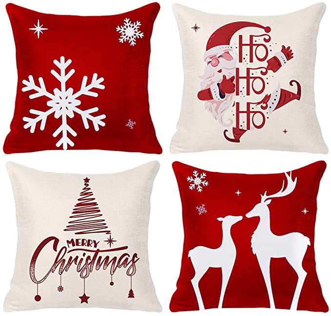 DESTURE Christmas Throw Pillow Covers 18x18 Inches, Christmas Trees, Snowflake Xmas Farmhouse Christmas Decorations Clearance Pillow Case Set of 4 (Christmas01, 4)