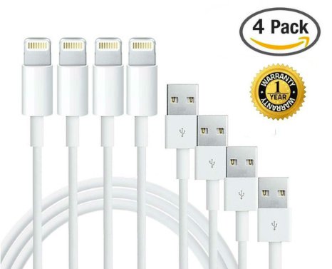 CELL-TECH® 4x 8-Pin Lightning to USB Charge and Sync Cable Apple USB Charger for iPhone 6 Plus / 6 / 5s / 5c / 5, iPad Air 2 / iPad Air / Mini 3 / Mini 2 / Mini / 4th, iPod touch 5th and iPod nano 7th (White) 3.2 feet (1 Meter) (4 Packs)