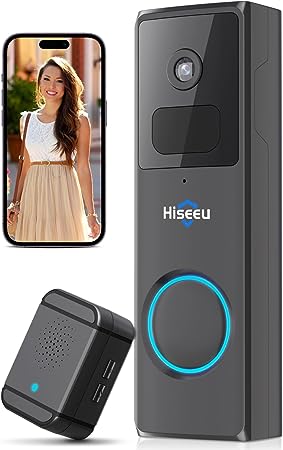 Hiseeu Wireless Doorbell Camera with Chime, Voice Changer, 2MP Video, PIR Detection, 100% Wire-Free Battery Powered, Anti-Theft Alarm, Night Vision, SD/Cloud Storage, Alexa/2.4Ghz WiFi Compatible.