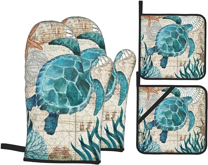 Oven Mitts and Pot Holders, Set of 4,Sea Turtle Ocean Animal Pattern Digital Printe, Gloves with Durable hot Pads, Cooking
