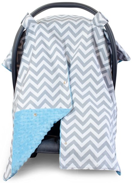 Premium Carseat Canopy Cover / Nursing Cover- Large Chevron Pattern w/ Blue Minky | Best Infant Car Seat Canopy, Boy or Girl | Cool/ Warm Weather Car Seat Cover | Baby Shower Gift 4 Breastfeeding Moms