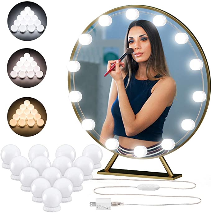 LED Vanity Mirror Lights Kit DIY Hollywood Style - 14 Dimmable Light Bubs Adjustable 3 Colors Mode - Lighting Fixture Strip for Makeup Vanity Table Bathroom Dressing Room (Mirror not Include)