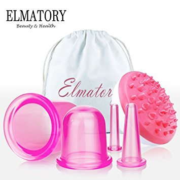 Elmatory Upgraded Medical grade silicone Anti Cellulite Vacuum Cup 4pcs Cupping Therapy Set Body Massage cups - Best Cellulite Massager - (4 sizes cups   Brush/Mitt)