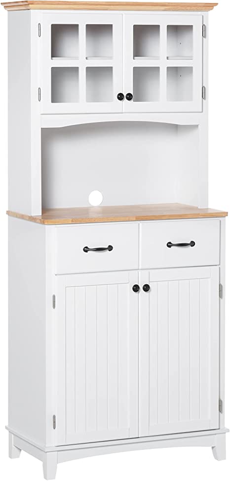 HOMCOM Freestanding Kitchen Cupboard, Kitchen Storage Cabinet with Framed Glass Doors, 2 Drawers, Microwave Counter, White