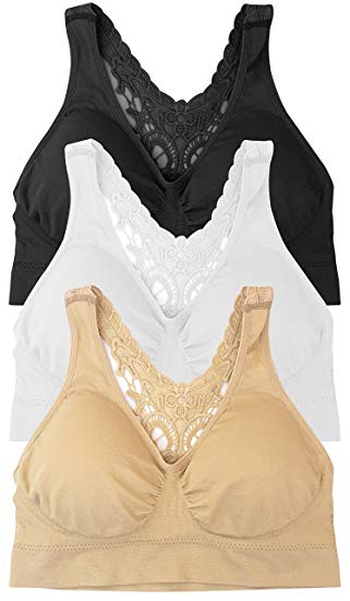 Pretty Seamless 3-Pack Butterfly Lace Racerback Womens Seamless and Wirefree Comfort Bra with Removable Pads