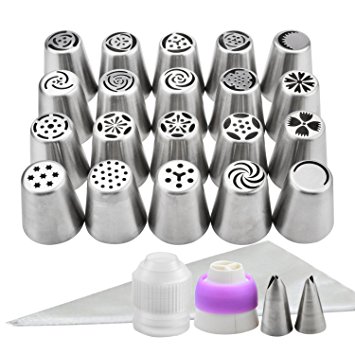 Russian Tips Set 44pcs Cake Frosting Icing Decorating Tip Kit with Storage Box by YIHONG,20 Russian Piping Tips   2 Leaf Tip   20 Disposable Icing Bags   2 Couplers (Tri-Color and Single-Color)