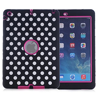 iPad Air Case, iPad A1474/A1475/A1476 Case, Hocase Shock Absorbent Hybrid Dual Layer Hard Silicone Rubber Protective Case with Cute Pattern for iPad Air 1st Generation (2013) - Polka Dot/Deep Pink