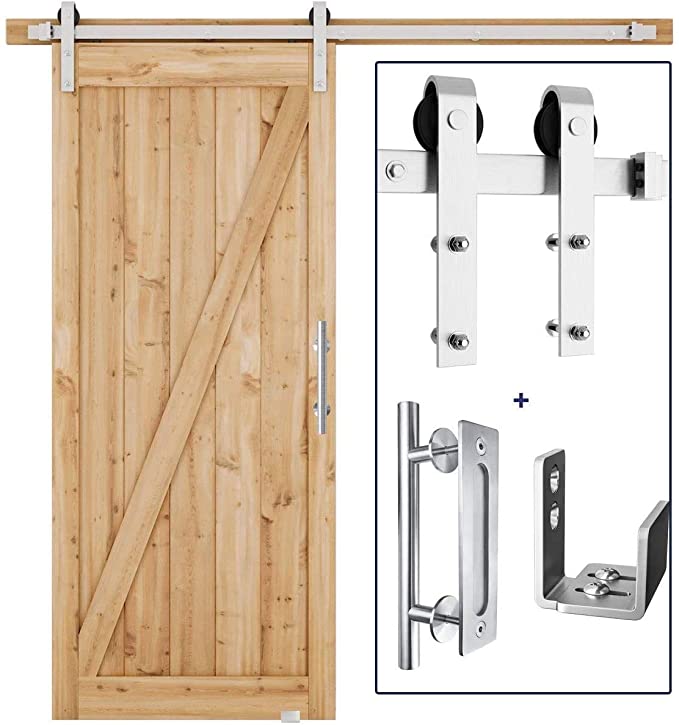 6.6 FT Heavy Duty Sliding Barn Door Stainless Steel Hardware Kit   Wall Mount U Shape Floor Guide   12" Pull and Flush Door Handle