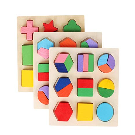 Kunmark Wooden Geometric Chunky Shape Puzzle Sorting Game Early Development Educational Toys Puzzles for Toddlers Pack of 3