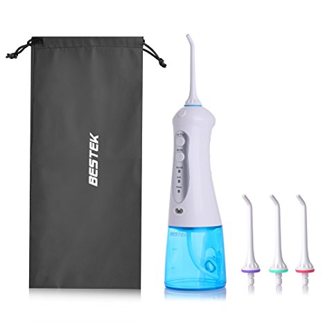 Water Flosser Professional Cordless Oral Irrigator - BESETK USB Rechargeable Water Dental Flosser, 3 Flossing Modes Plus 4 Jet Tips and Travel Bag, 200ML, Portable and Waterproof for Travel and Family