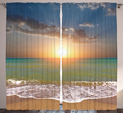 Sea Decor Curtains for Living Room by Ambesonne, 108 X 84 Inches, Sunset Ocean Nautical Theme Pictures, Home Bedroom Dining Room Curtain 2 Panels Set, Blue Gray Yellow Orange Turquoise White Sand