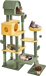 Yaheetech Cactus Cat Tree, 68.5in H Oasis-themed Cat Tower for Indoor Cats, Extra Large Cat Condo Play House with Flower-shaped Perch, Scratching Posts, Acrylic Clear Bowl, Mushroom, Bell Ball