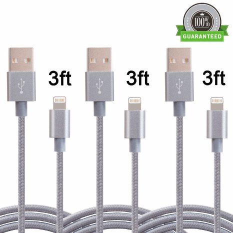 Amoner 3 Pack 3ft Nylon Braided Lightning Cable USB Charging Cord with Aluminum Connector for iPhone 6s 6s plus 6 plus 65s 5c 5iPad Mini AiriPadiPod Compatible with iOS9Space Grey