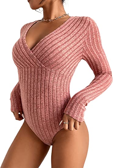 Milumia Women Deep V Neck Wrap Ribbed Knit Long Sleeve Slim Tee Bodysuit Leotard Romper