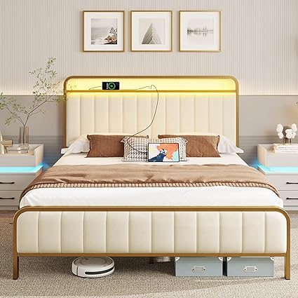 Rolanstar Bed Frame Full Size with Charging Station and LED Lights, Upholstered Velvet Bed with Headboard Footboard, Heavy Duty Metal Slat, No Box Spring Need, Noise Free, Easy Assembly, Golden Color