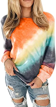 Dokotoo Womens Simple Crewneck Long Sleeve Casual Solid & Tie Dye Thin Pullover Sweatshirts Tops Shirts