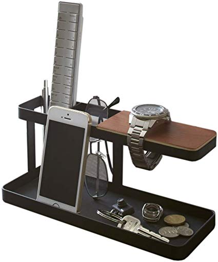Metal Desktop Side Table Organizer with Wooden Wristwatch Bar, Remote Control Stand and a Catch-All Tray for Change and Keys, Black