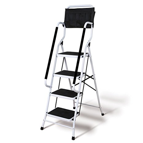 Folding 4-Step Safety Step Ladder - Padded Side Handrails - Attachable Tool Pouch Caddy